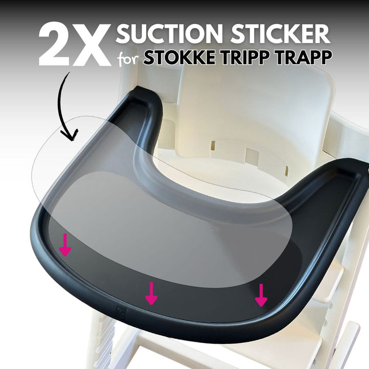 Stokke Tripp Trapp high chair with a black tray, showing a double pack of suction stickers, ideal for keeping plates and bowls stable during mealtimes.